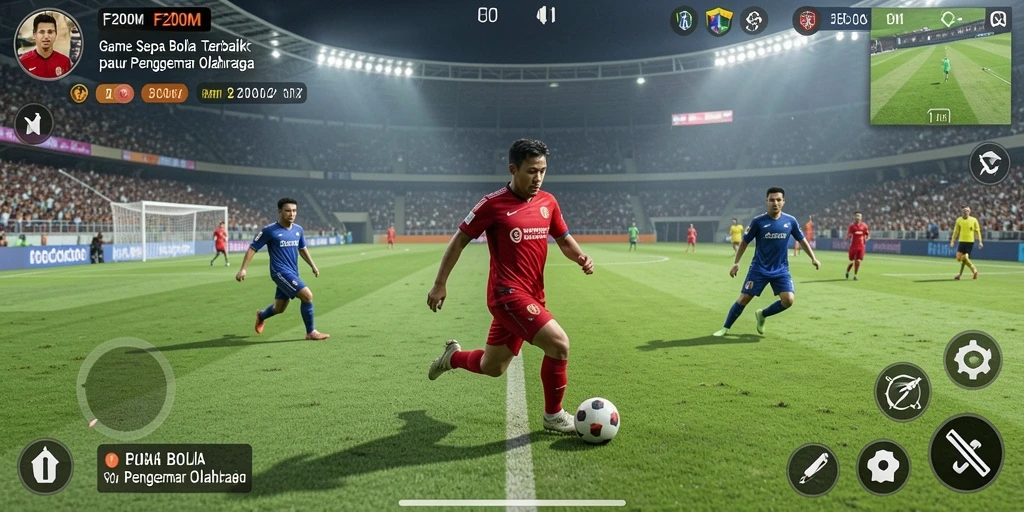 Tampilan gameplay mendebarkan dari F200M dengan aksi sepak bola nyata.
