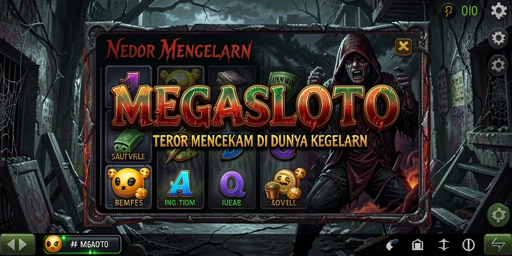 Tangkapan layar gameplay MEGASLOTO menampilkan suasana mencekam di dunia Horror.