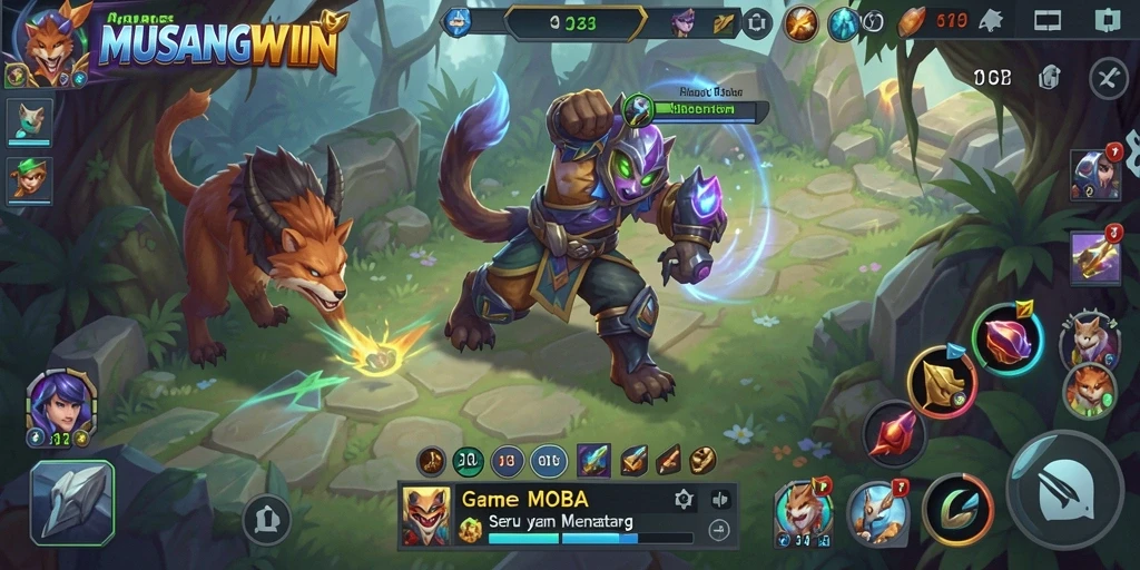 Tampilan gameplay seru di MUSANGWIN dengan aksi MOBA yang mendebarkan.