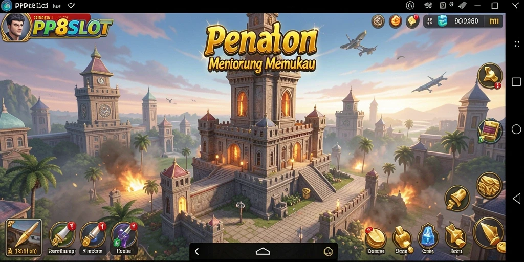 Tampilan menarik dari gameplay PP8SLOT, menampilkan menara pertahanan yang aktif.