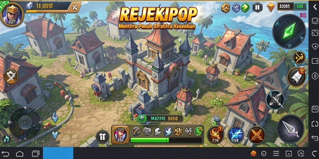 Tampilan gameplay seru di REJEKIPOP dengan pertahanan menara yang strategis.